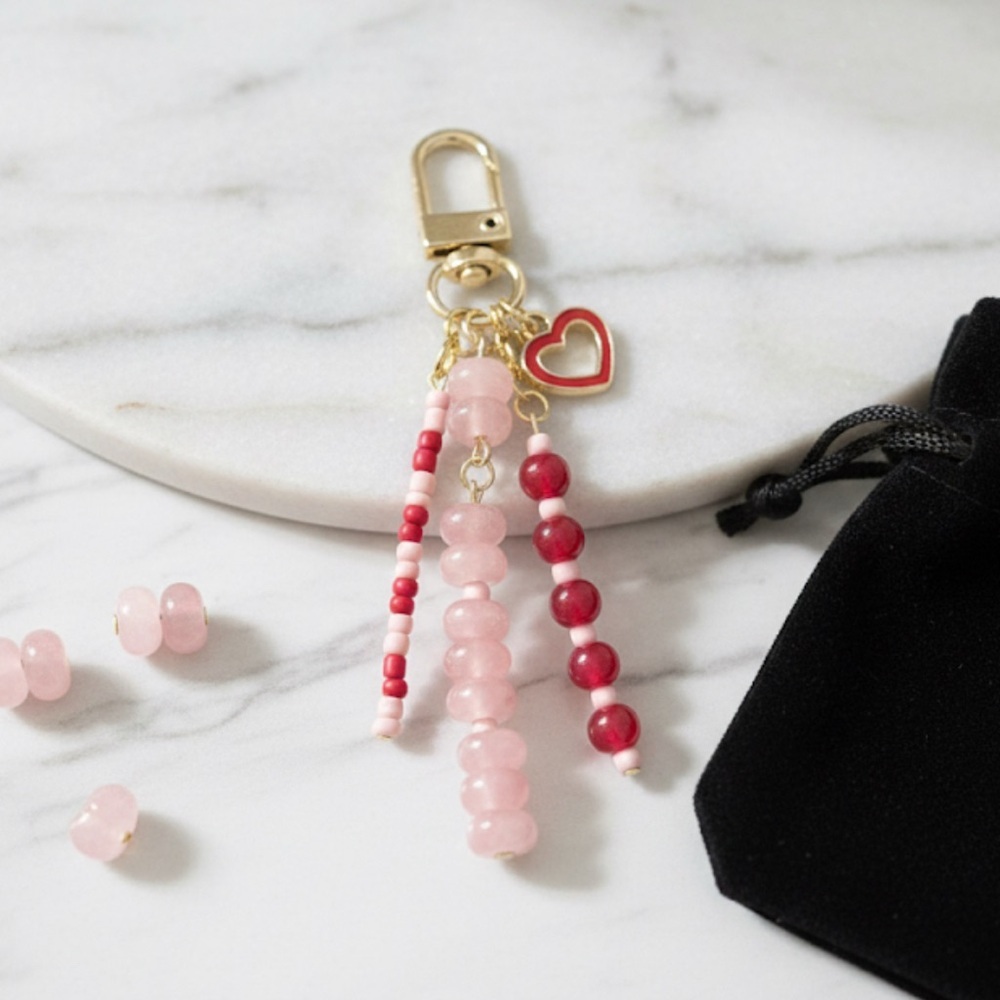 Ruby Heart Pink Jade Designer Inspired Beaded Bag Charm Keychain with Gold Tones